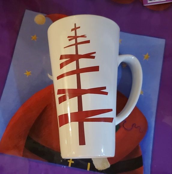 Starbucks tall ceramic mug, 6 1/8" tall red and white. Red stick tree. - Picture 1 of 3